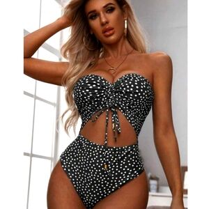 Polka Dot Drawstring Front Bandeau One Piece Swimsuit